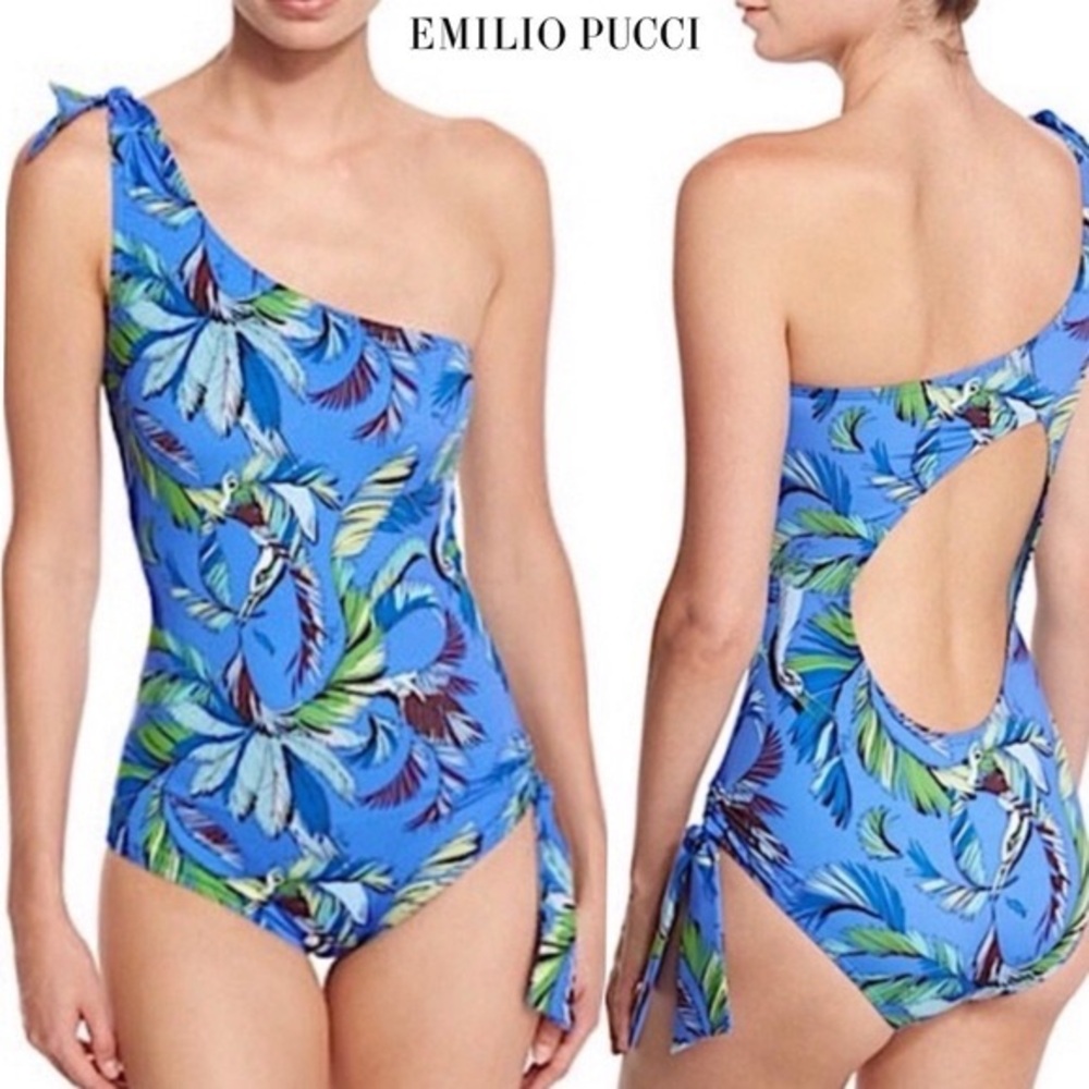 EMILIO PUCCI JUNGLE PRINT ONE SHOULDER SWIMSUIT ONE PIECE HIP TIE ITALY 40 XS